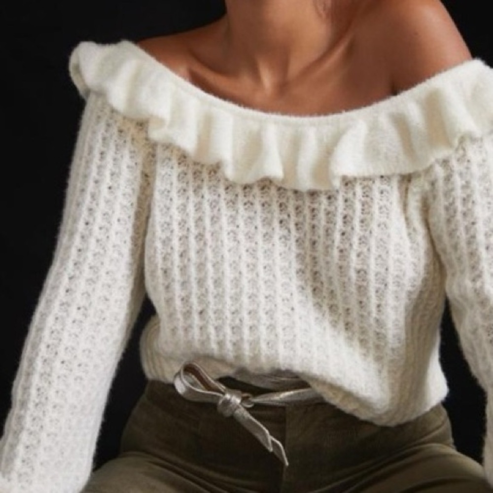 Anthropologie NWT Elegant White Ruffled Boatneck Women's Sweater